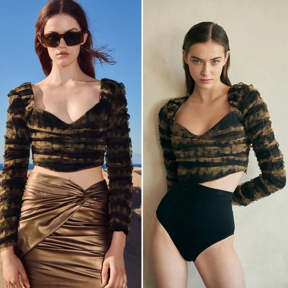 Zara Black Corsetry Tulle Long Sleeve Crop Top Women’s Size Small - Picture 1 of 6